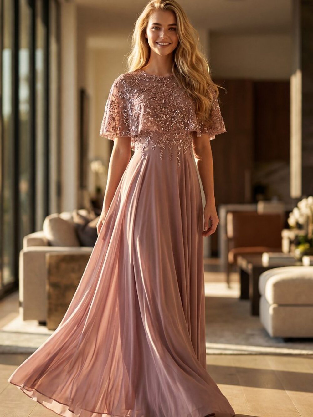 PINK FORMAL DRESS. NEW LONG GOLD BEADED FLUTTER SLEEVE MOTHER OF THE BRIDE GROOM